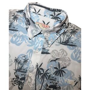 Huk Fishing Shirt Mens M Short Sleeve Button Up Tropical Boat Palm Tree Print